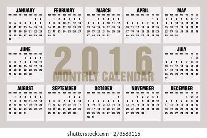 Simple 2016 Calendar / 2016 calendar design / 2016 calendar vertical - week starts with Sunday
