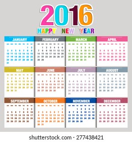 Simple 2016 Calendar / 2016 calendar design / 2016 calendar vertical - week starts with Sunday