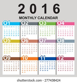 Simple 2016 Calendar / 2016 calendar design / 2016 calendar vertical - week starts with Sunday