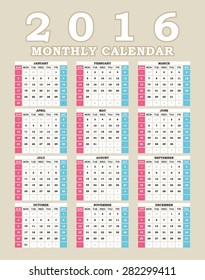 Simple 2016 Calendar. 2016 calendar design. 2016 calendar vertical, week starts with Sunday 