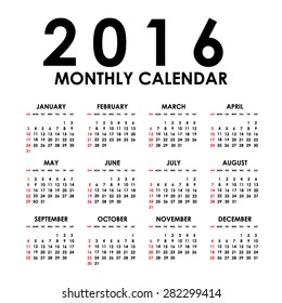 Simple 2016 Calendar. 2016 calendar design. 2016 calendar vertical, week starts with Sunday 