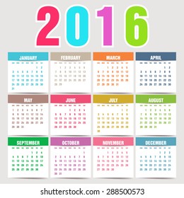 Simple 2016 Calendar. 2016 calendar design. 2016 calendar vertical, week starts with Sunday
