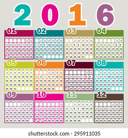 Simple 2016 Calendar / 2016 calendar design / 2016 calendar vertical - week starts with Sunday
