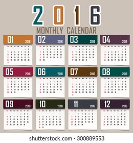 Simple 2016 Calendar / 2016 calendar design / 2016 calendar vertical - week starts with Sunday
