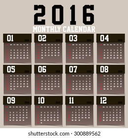 Simple 2016 Calendar / 2016 calendar design / 2016 calendar vertical - week starts with Sunday
