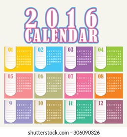 Simple 2016 Calendar / 2016 calendar design / 2016 calendar vertical - week starts with Sunday
