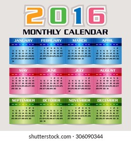 Simple 2016 Calendar / 2016 calendar design / 2016 calendar vertical - week starts with Sunday
