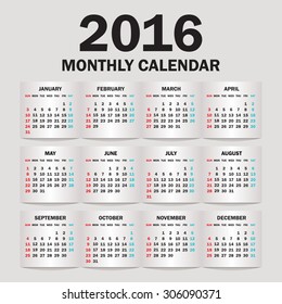 Simple 2016 Calendar / 2016 calendar design / 2016 calendar vertical - week starts with Sunday
