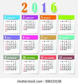 Simple 2016 Calendar / 2016 calendar design / 2016 calendar vertical - week starts with Sunday 
