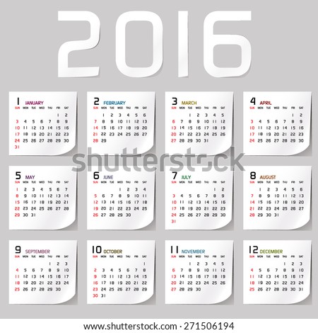Simple 2016 Calendar / 2016 calendar design / 2016 calendar vertical - week starts with Sunday
