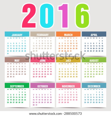 Simple 2016 Calendar. 2016 calendar design. 2016 calendar vertical, week starts with Sunday
