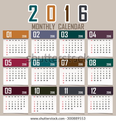 Simple 2016 Calendar / 2016 calendar design / 2016 calendar vertical - week starts with Sunday
