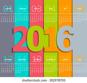 Simple 2016 Calendar. Months, made in the paper style with shadows, vector illustration.