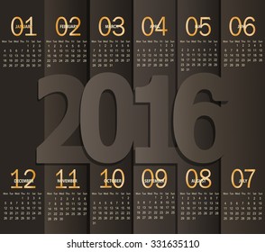 Simple 2016 Calendar. Months, made in the paper style with shadows, vector illustration.