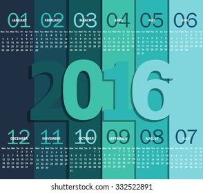 Simple 2016 Calendar. Months, made in the paper style with shadows, vector illustration.