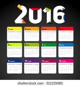 Simple 2016 Calendar, 2016 calendar paper design, week starts with Sunday