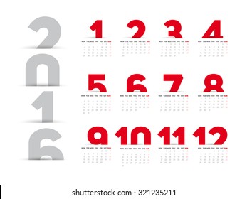 Simple 2016 Calendar, 2016 calendar paper design, week starts with Sunday