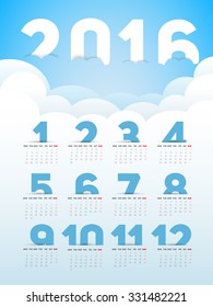 Simple 2016 Calendar, 2016 calendar paper design with clouds and sky, week starts with Sunday