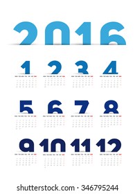 Simple 2016 Calendar, 2016 calendar paper design, week starts with Sunday