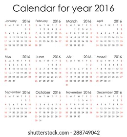Simple 2016 Calendar - week starts with Sunday, isolated on white background, vector illustration.