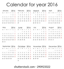 Simple 2016 Calendar - week starts with Monday, isolated on white background, vector illustration.