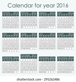 Simple 2016 Calendar - week starts with Monday, vector illustration.