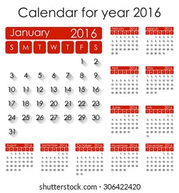 Simple 2016 Calendar - week starts with Sunday, isolated on white background, vector illustration.