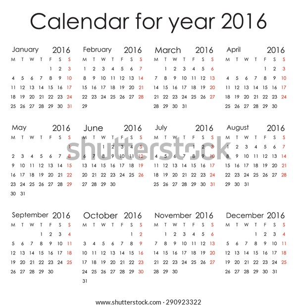 Simple 2016 Calendar Week Starts Monday Stock Vector (Royalty Free ...