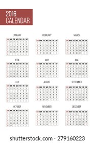 Simple 2016 year editable vector calendar template