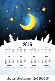 Simple 2016 year vector calendar / 2016 calendar design / 2016 calendar vertical - week starts with sunday. Moon