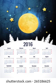 Simple 2016 year vector calendar / 2016 calendar design / 2016 calendar vertical - week starts with sunday. Moon
