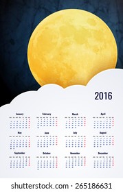 Simple 2016 year vector calendar / 2016 calendar design / 2016 calendar vertical - week starts with sunday. Moon