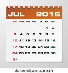 Simple 2016 year vector calendar with free space for your sample text : July 2016