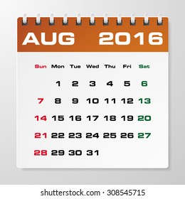 Simple 2016 year vector calendar with free space for your sample text : August 2016