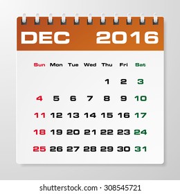 Simple 2016 year vector calendar with free space for your sample text : December 2016