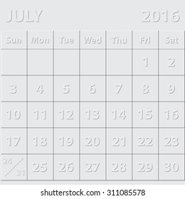 Simple 2016 year vector calendar : July 2016