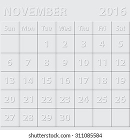 Simple 2016 year vector calendar : November 2016