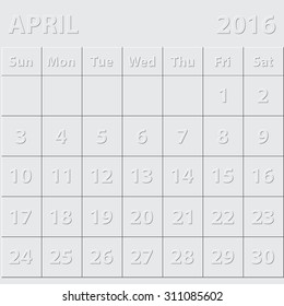 Simple 2016 year vector calendar : April 2016