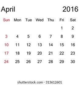 Simple 2016 year vector calendar : April 2016