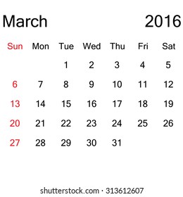Simple 2016 year vector calendar : March 2016