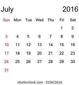 Simple 2016 year vector calendar : July 2016