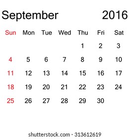 Simple 2016 year vector calendar : September 2016