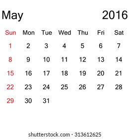 Simple 2016 year vector calendar : May 2016