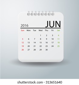 Simple 2016 year vector calendar :June  2016