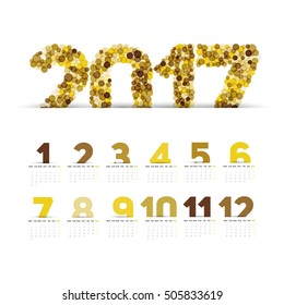 Simple 2017 Calendar with gold color,  brush lines, 2017 calendar paper design, week starts with Sunday