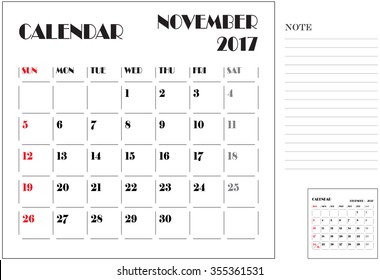 simple 2017 calendar, 2017 calendar paper design, week starts with Sunday, November