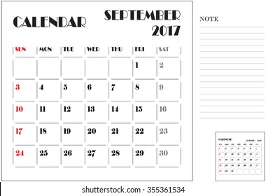 simple 2017 calendar, 2017 calendar paper design, week starts with Sunday, September
