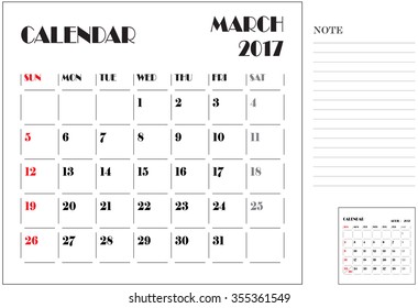 simple 2017 calendar, 2017 calendar paper design, week starts with Sunday, March