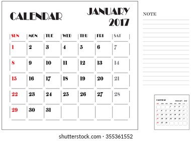 simple 2017 calendar, 2017 calendar paper design, week starts with Sunday, January