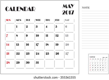 simple 2017 calendar, 2017 calendar paper design, week starts with Sunday, May